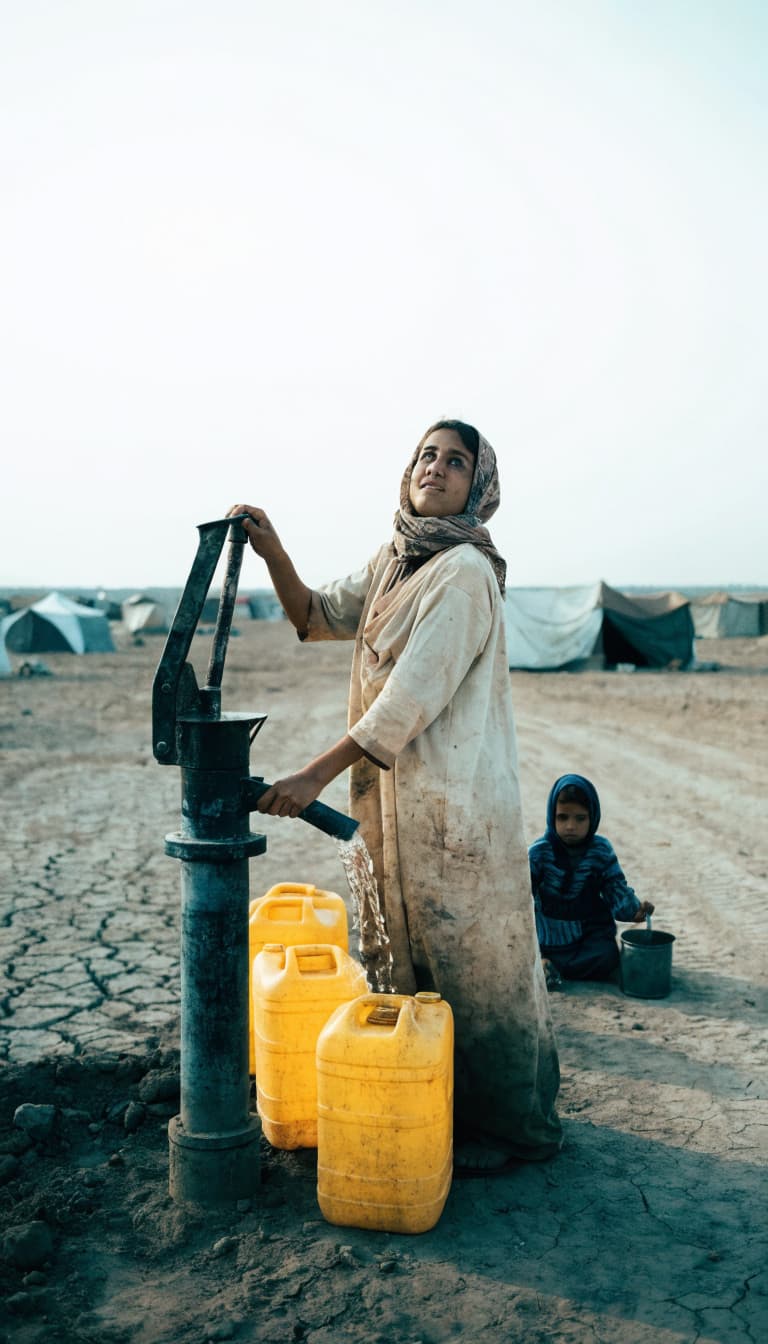 A girl drawing water from a hand pump