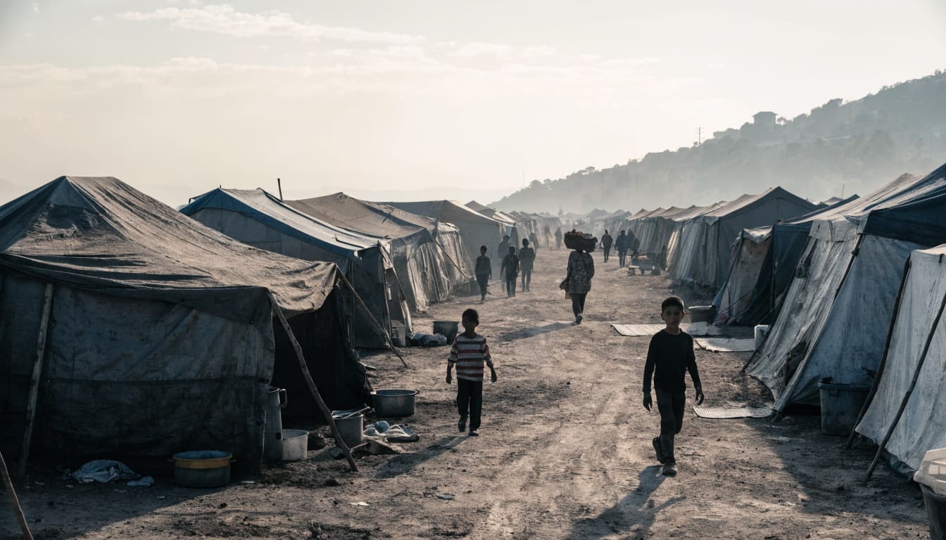 Families walking through a displacement camp at dusk in Syria