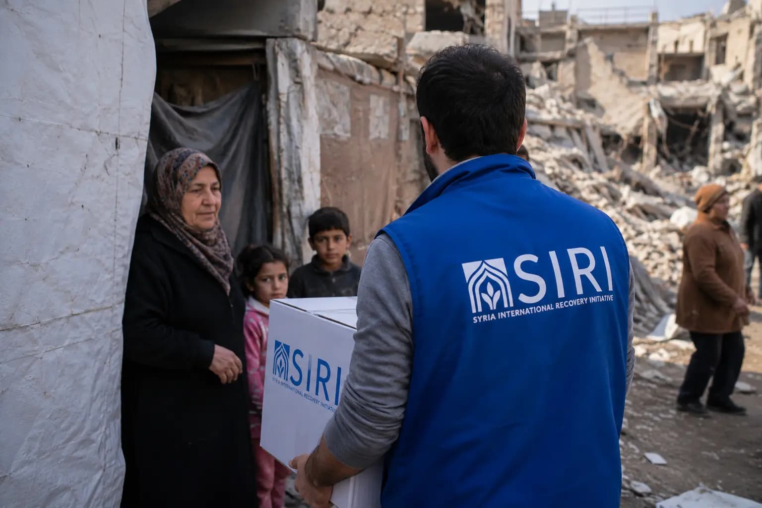 SIRI team members delivering aid to a family in a Syrian camp