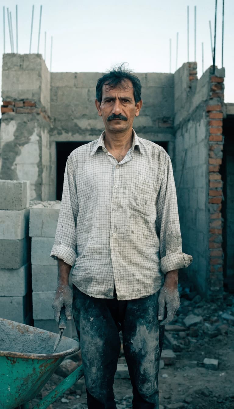 A man stands before a half-rebuilt home