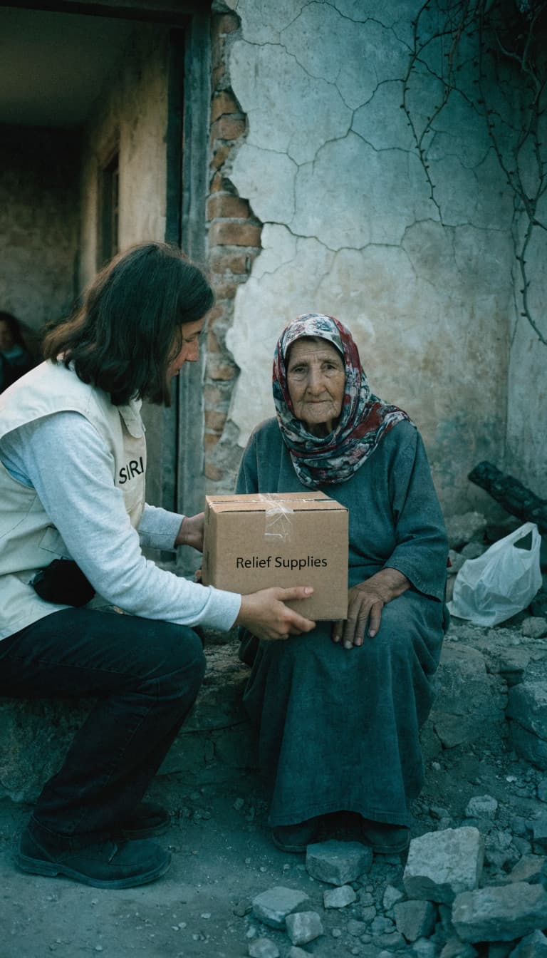 An elderly woman receiving a relief supply box