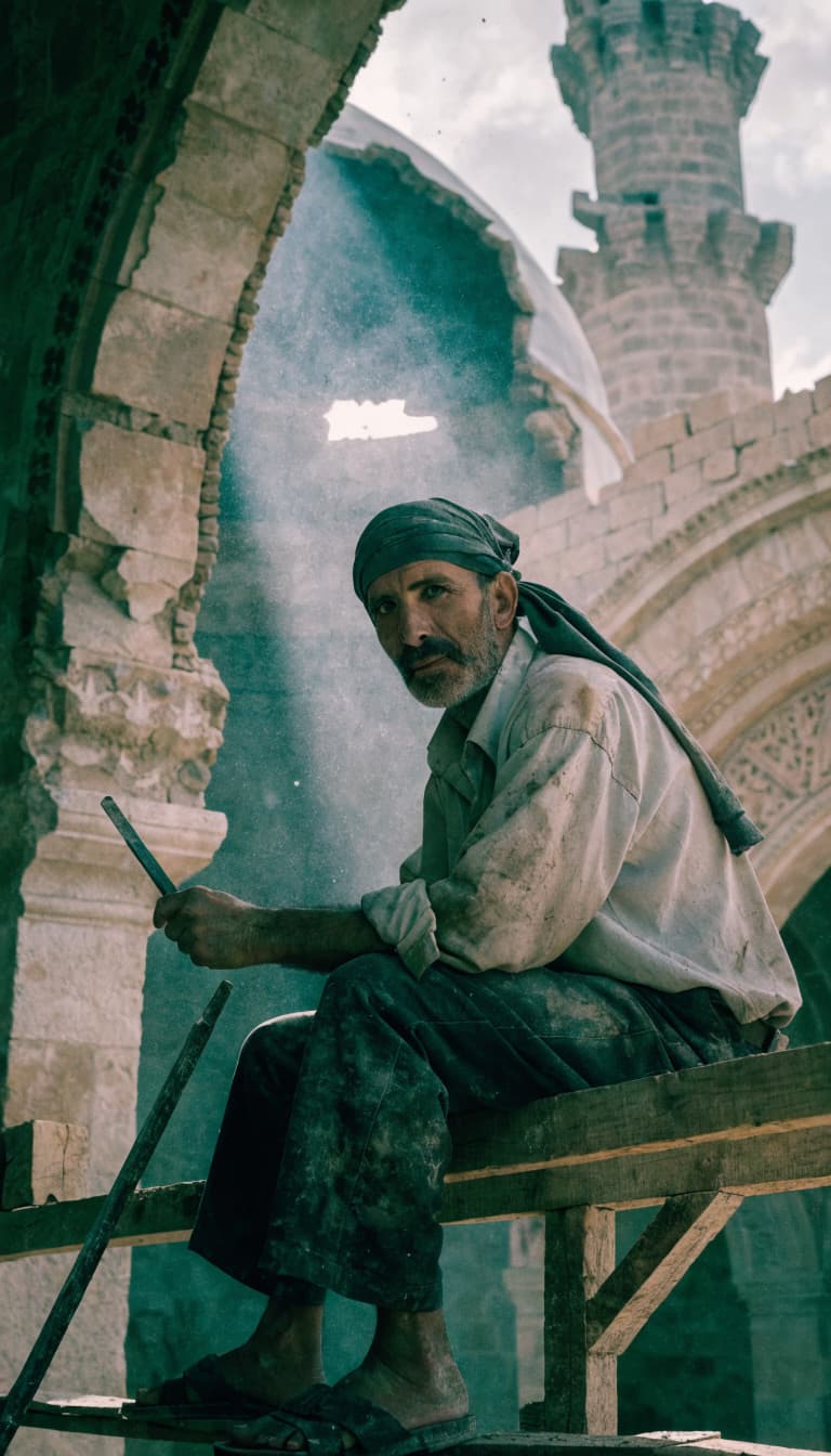 A craftsman inside a damaged mosque